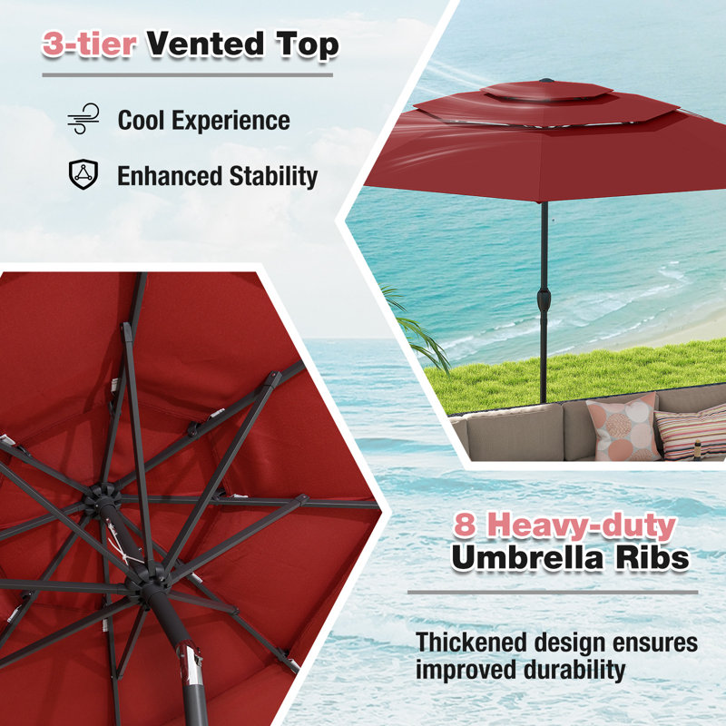 Parasol de patio à 3 niveaux 10pi, abri de soleil en aluminium, double aération, bourgogne (base non incluse)