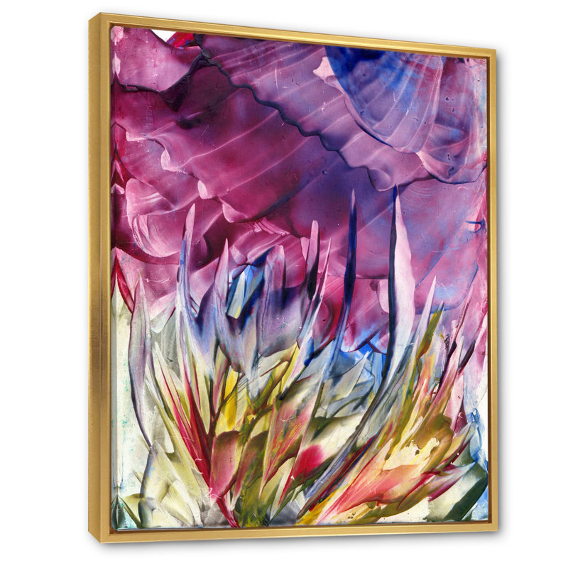 Fleurs mauves - Marbre liquide - Peinture, H 36 po x l 24 po x P 1 po, Cadre flottant doré