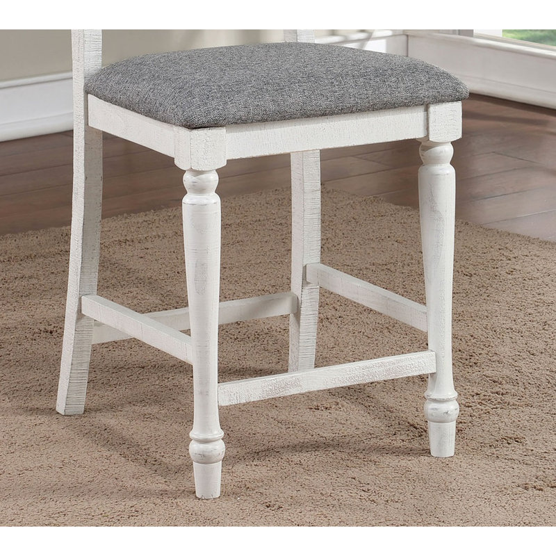 Chaises de salle à manger à hauteur de comptoir 2 pièces, gris blanc antique rustique, fabrication en bois massif, coussins en tissu gris, pieds tournés, chaises à dossier pour séduire, 2 pièces, blanc / gris, bois, embellissement