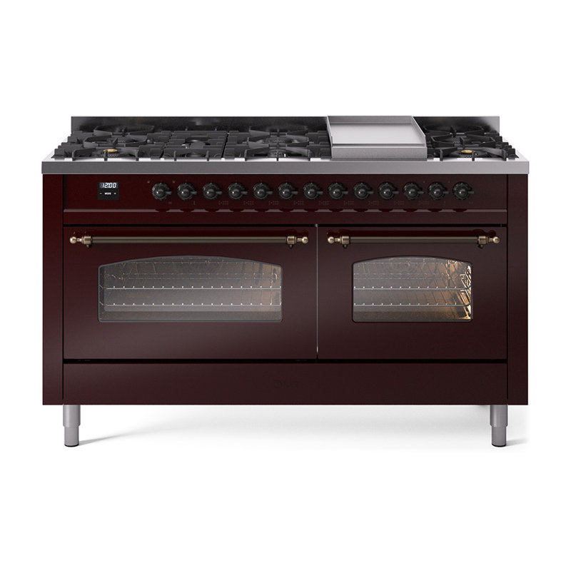ILVE Nostalgie II 60 Dual Fuel Range, 9 Burners, Griddle, Natural Gas, Burgundy/Bronze