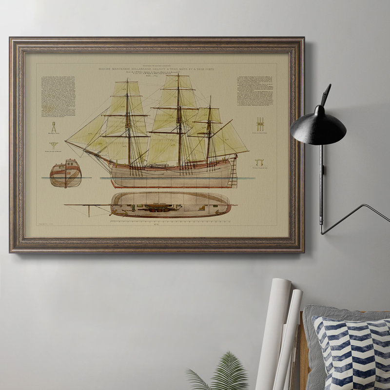 Toile encadrée de qualité supérieure Antique Ship Plan VII - prête à être accrochée, H 16 po x l 20 po x P 2,5 po
