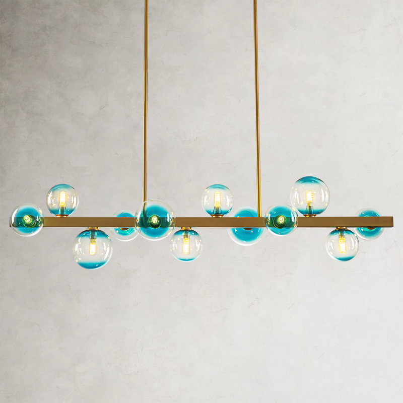 Lustre linéaire moderne en verre bullé 12 lumières à intensité variable Spoutnik, Doré, Bleu