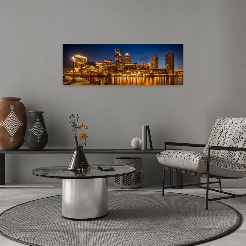 «Boston Night Skyline Serene Tranquil Abstract City Landscape», art mural, H 12 po x l 36 po