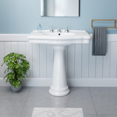 White Vitreous China Pedestal Bathroom Sink 35" Wide Traditional with 8" Widespread Faucet Holes and Overflow