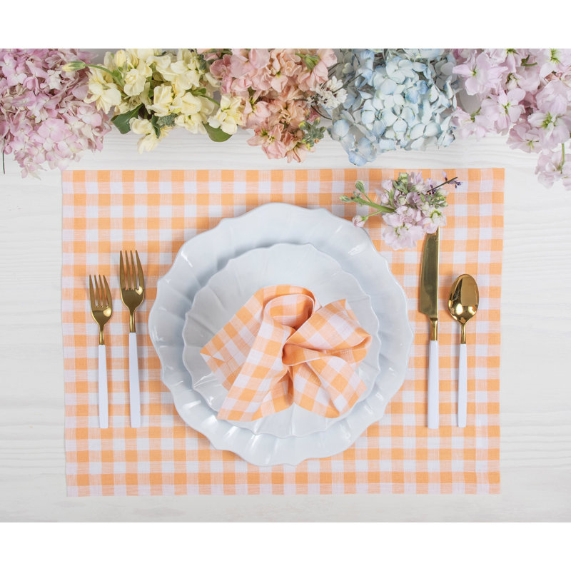Gingham Check - 100% Pure Linen Dinner Napkins, Sunny Orange