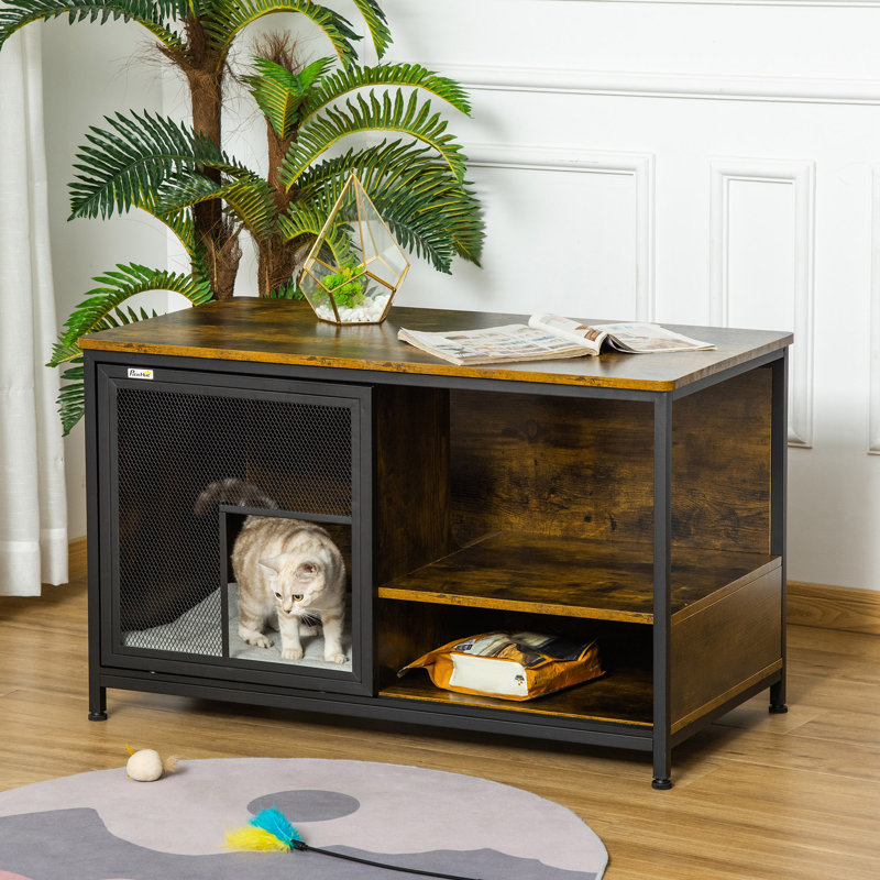 Rustic Brown Wood and Steel End Table Pet House with Cushion