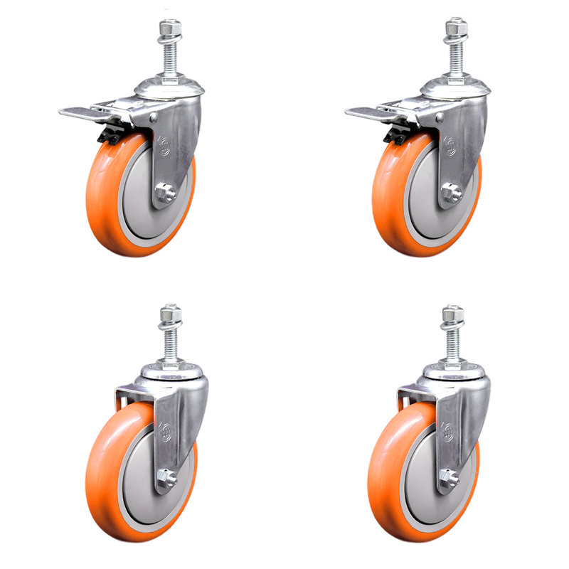 5 Inch SS Poly Swivel 10mm Threaded Stem Caster Set 2 Total Lock Brake, Orange
