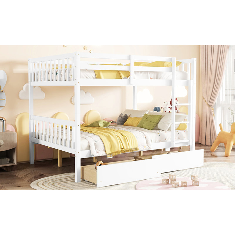 Lit double superposé double avec 2 tiroirs en blanc - détachable, bois d'hévéa de qualité, mesures en bois blanc, conception détachable,