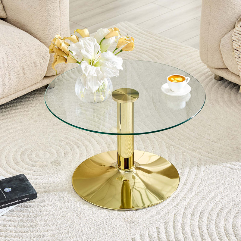 Table basse ronde en verre trempé avec base en métal doré, Transparent; or