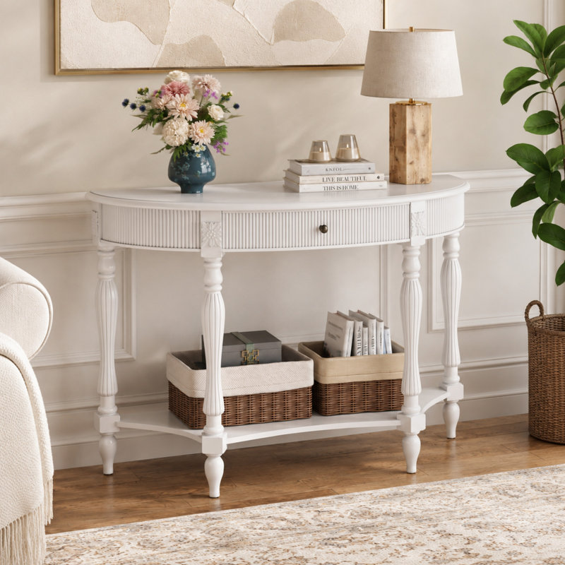 Console demi-lune avec tiroir et tablette ouverte, table d'entrée étroite pour le salon, table d'appoint décorative avec détails sculptés et rangement