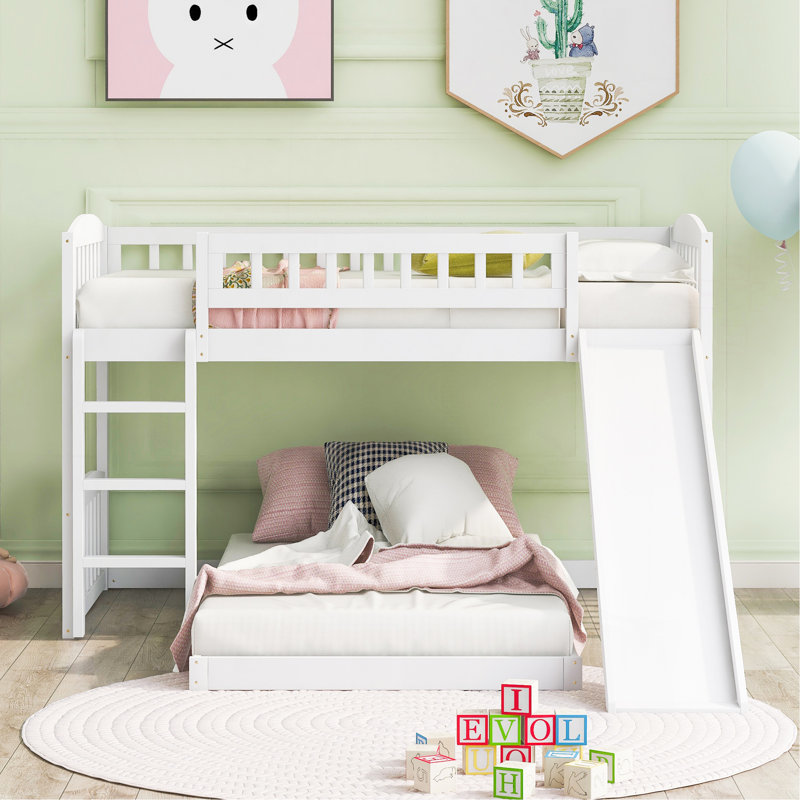 Lit simple superposé au-dessus d'un lit simple avec glissière et échelle, blanc, Blanc