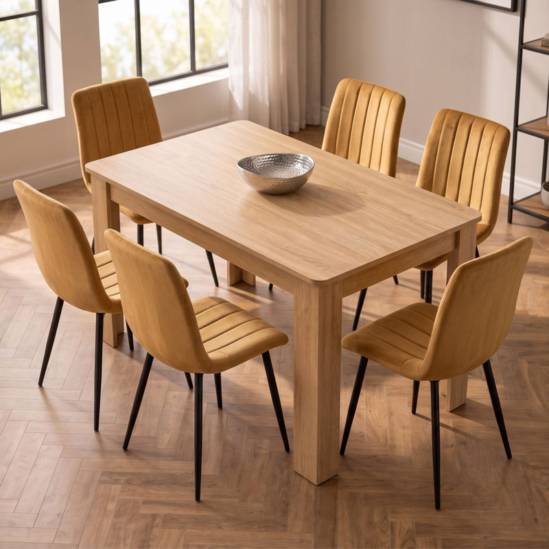 Modern Dining Set with Oak Effect Table and 6 Brown Velvet Chairs 6 Seater Dining Room Furniture