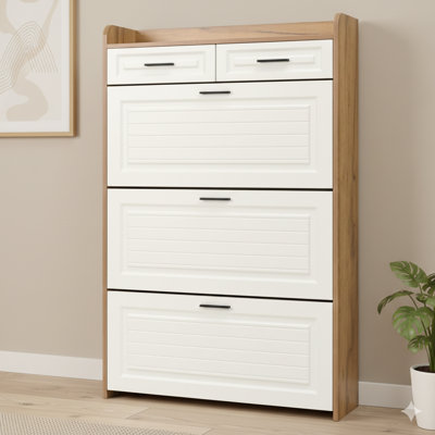 Shoe Cabinet With Three Concealed Flip-Up Doors And Two Standard Drawers, Particle Board Narrow Storage Unit, Freestanding Organizer For Entryways And Hallways (White And Walnut Combination)