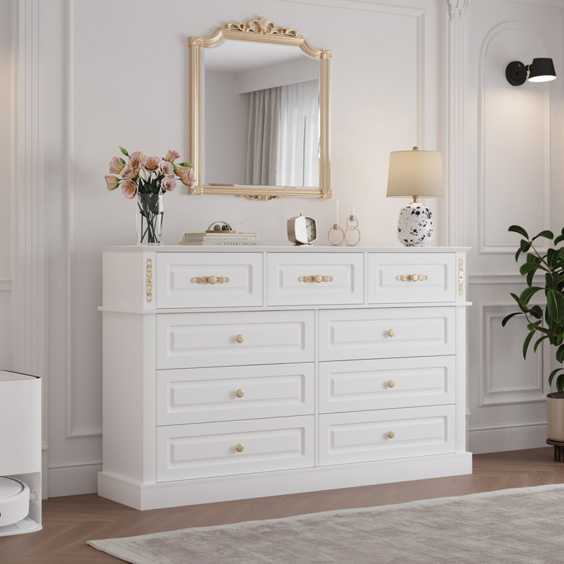 Extra Large 9 Drawers Dresser With Gold Knobs, 63" Wide Long Dresser For Bedroom, White