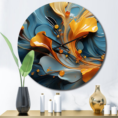 Horloge murale moderne en métal à feuilles orange flottant sur une vague bleue