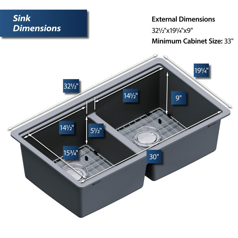Quartz Undermount Sinks 32.5'' L Double Bowl Kitchen Sink, Gray