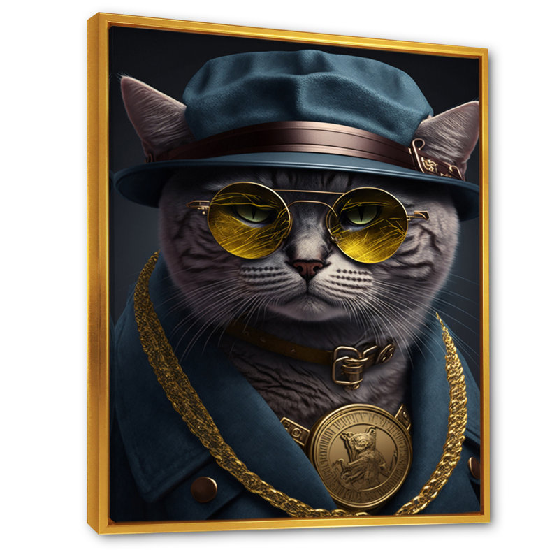 «Mafia Cat I», impression sur toile, H 32 po x l 24 po x P 1 po, Toile avec cadre flottant or