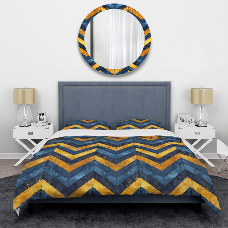 Ensemble de housse de couette moderne à motif de chevrons bleu et or III, Housse de couette simple et deux taies décorative
