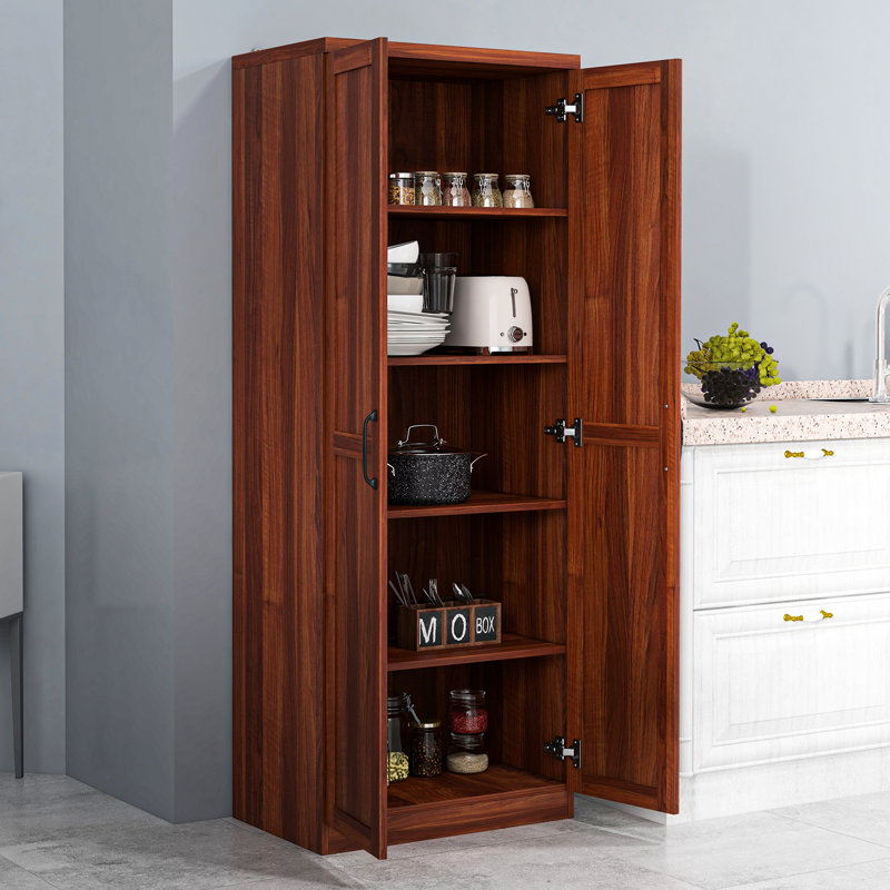 Armoire de 63 po avec rangement autoportant brun clair. 5 tablettes réglables pour optimiser l'espace de rangement dans la salle à manger. 2