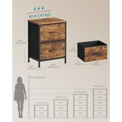 Commode pour chambre à coucher, commode, table de chevet, acier, panneau de fibres à densité moyenne, 2 tiroirs en tissu non tissé, unité de rangement, placard, entrée, blanc nuage et blanc neige