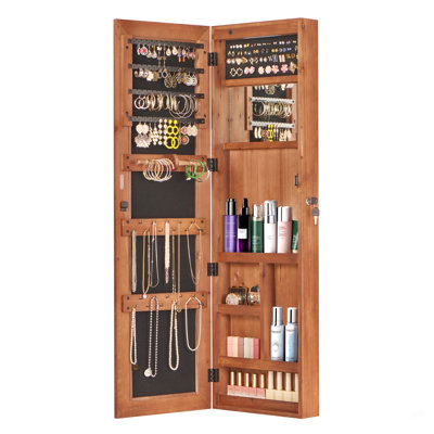 Armoire-penderie pour armoire à bijoux en bois massif avec miroir pleine longueur, 47,5 x 14,3 po, verrouillable au mur avec lumière DEL