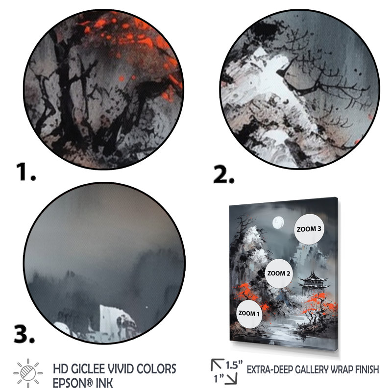 Cri de lune rouge Garrettville, Japon III, H 44 po x l 34 po x P 1,5 po, Cadre flottant noir