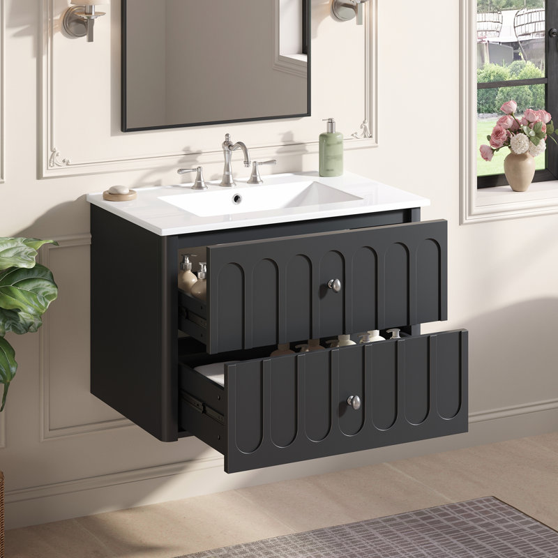Meuble-lavabo mural 30 po avec tiroirs à fermeture en douceur et lavabo en céramique, Black