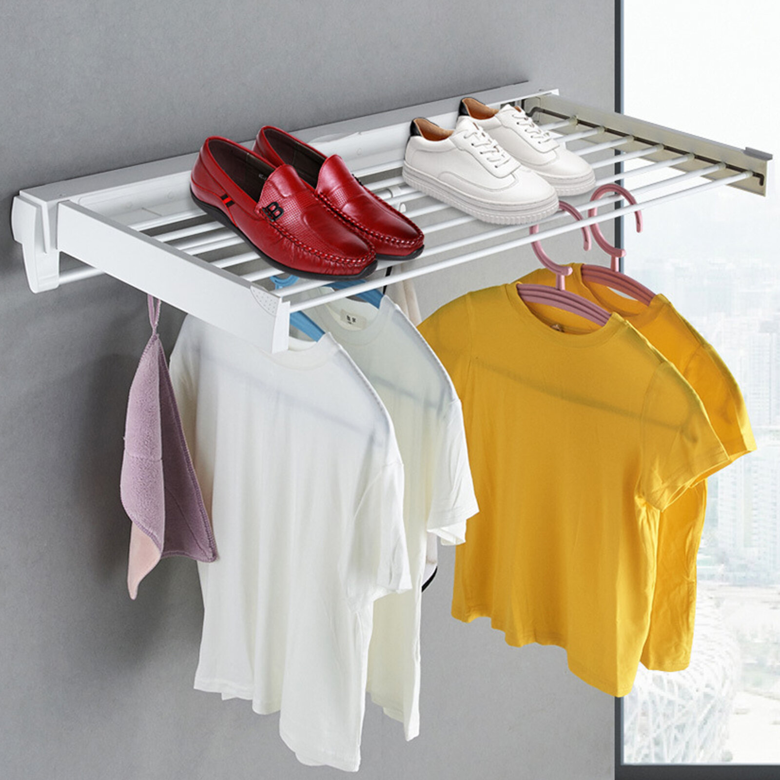Metal Wall Mount Expandable Retractable Clothes Air Drying Rack Garments  for Laundry Room, Bathroom, Utility Area