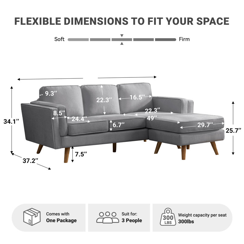 84'' Upholstered Reversible Sectional Sofa with Chaise, Movable Ottoman, Solid Wood Legs and Frame, Light Gray Chenille
