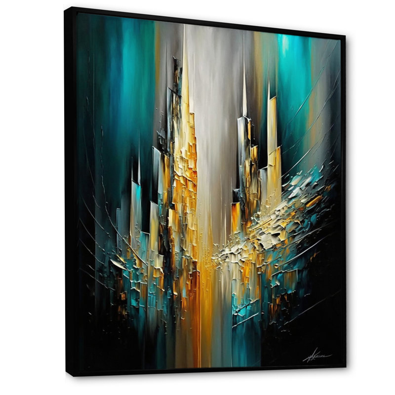 Abstrait géométrique vert et jaune - reproduction sur toile, L 16 po x H 32 po, Toile avec cadre flottant noir