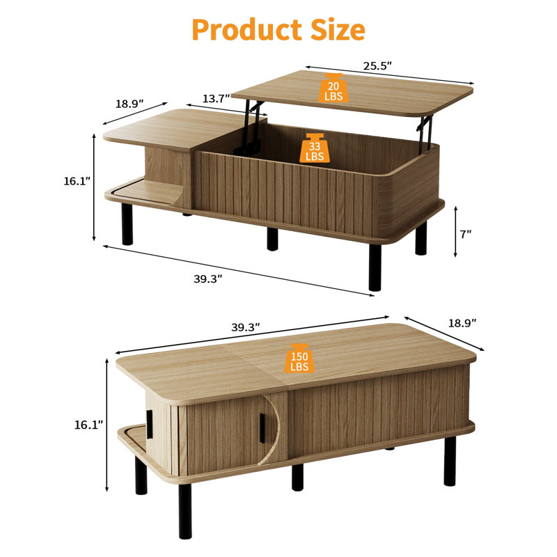 39" Lift Top Coffee Table, Fluted Modern Rectangle Center Table With Hidden Storage Space, Wood Living Room End Table With Sliding Door, For Home Office, Small Space