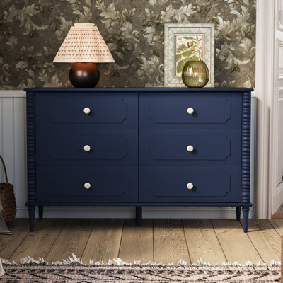 6 Drawer Dresser for Bedroom, 47" Wide Chest of Drawers with Turned Legs and Ceramic Knobs, Double Dresser, Vintage Wood Chest for Bedroom, Living Room, Hallway