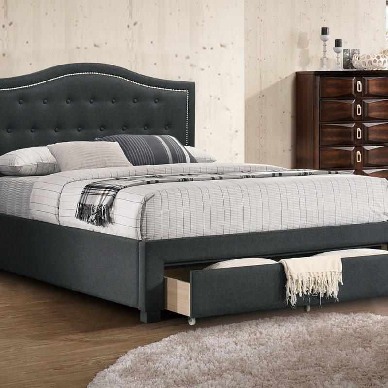 Tissu gris anthracite toile de jute 1Pcs lit avec tiroir et capitonnage capitonné, Grand lit