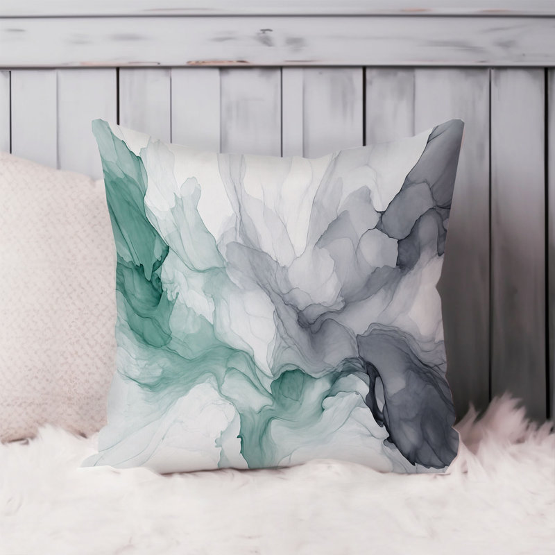 Housse de coussin abstraite Abstract Fluid Symphony - vert eucalyptus, gris argenté et ivoire en marbre Geode, 20x20