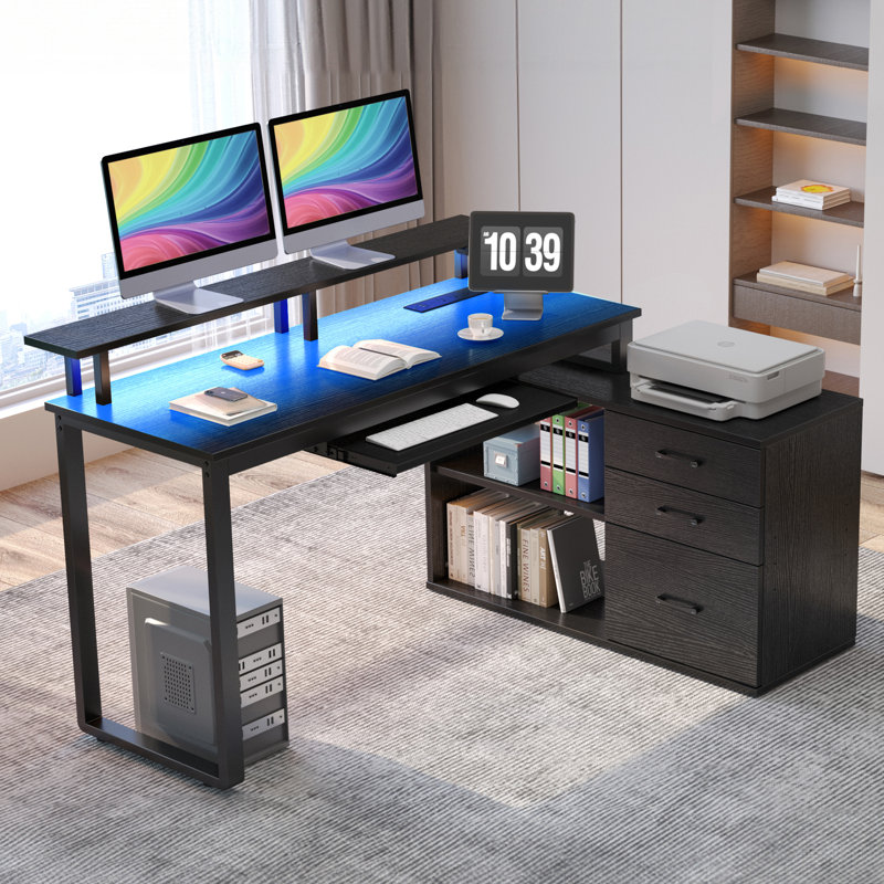 Ameliore 55.1" L Shaped Computer Desk with File Drawer, LED Lights and Keyboard Tray, Black