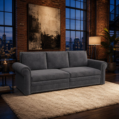 Chesterfield 93.7" King Pull Out Sofa Bed, 3-in-1 Velvet Convertible Sleeper Sofa with Nailhead Trim, Rolled Arms & Pull-Out Bed, Multi-Functional Couch for Living Room（Grey）