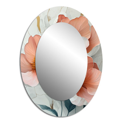 White And Coral Marble Peonies Elegance III - Large Oval Wall Mirror On Metal