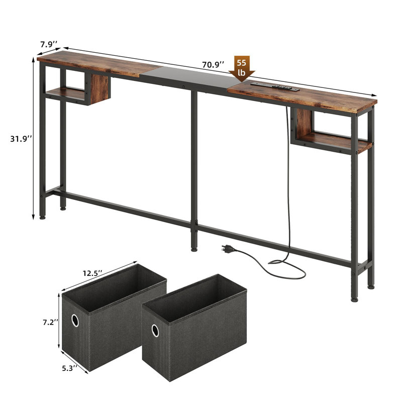 Rustic Brown Console Table – Narrow Entryway Table With Charging Station & Storage Drawers