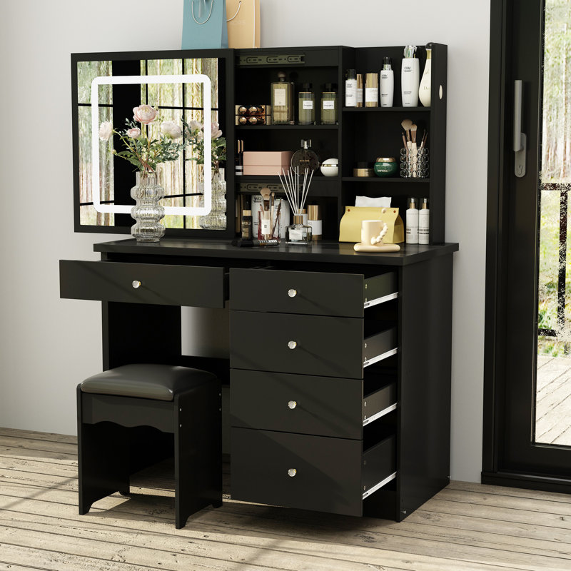 Awilda 39.4'' Wide Makeup Vanity Set with Stool and LED Mirror, Black
