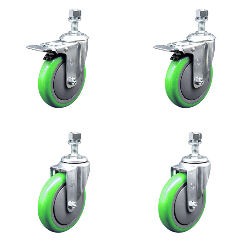 Ensemble de roulettes à tige pivotante en polyuréthane de 5 pouces et demi-frein, Vert