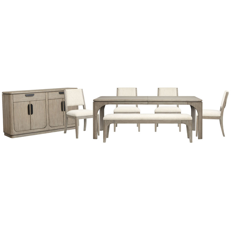 Extendable Rectangular Dining Table With 4 Side Chairs Bench And Server, 7 Pcs: Table, 4 Chairs, Bench, Server