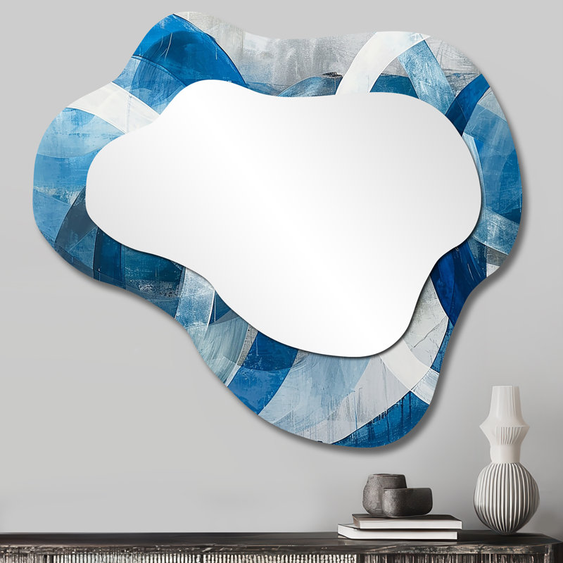 Grand miroir mural blanc à motif géométrique abstrait de formes géométriques abstraites blanches et bleues, 25 po x 28 po