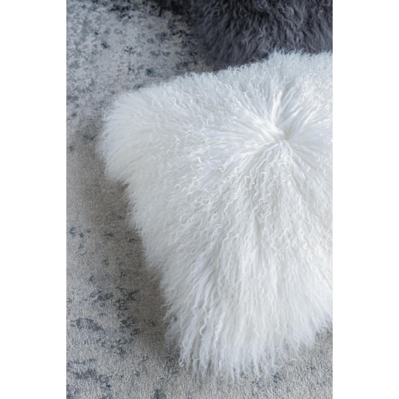 White Mongolian Lamb Fur 20-Inch Square Pillow with Faux Suede Back