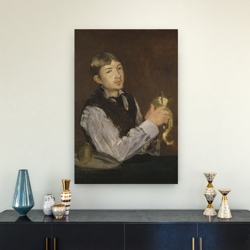 Jeune garçon épluchant une poire, vers 1867. Estampe d'art mural abstraite contemporaine représentant un fruit.