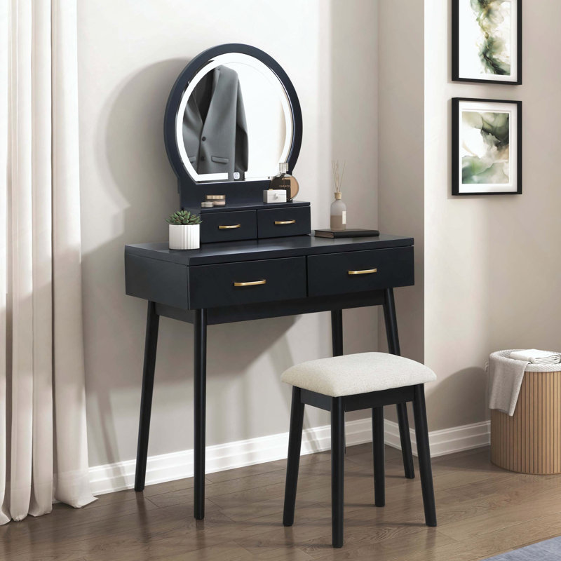 Black Finish Vanity Dresser with LED Mirror, 4 Drawers and Stool, Black