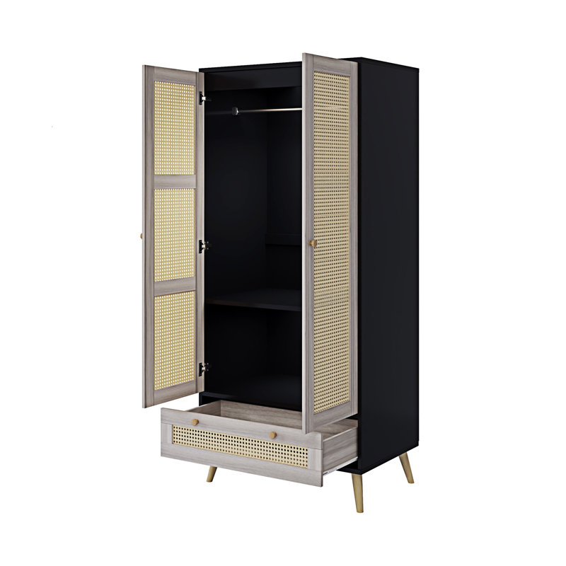 Armoire-penderie Armoire avec 2 portes en rotin et 1 tiroir, armoire de rangement pour vêtements avec tringle