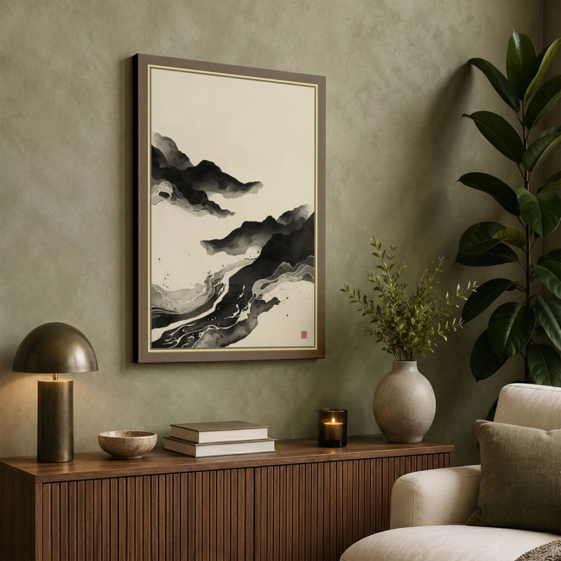 Mountains in Mist Japandi - Wrapped Canvas, 18x12 - 45.7 x 30.5 cm, Black Border