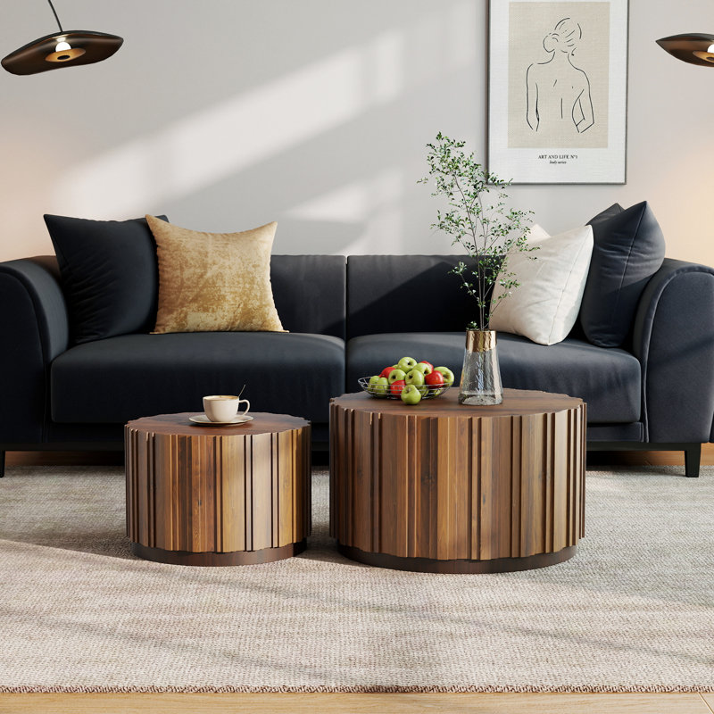 Ensemble de 2 tables basses gigognes rondes en bois 19,7 po et 27,5 po, Noyer