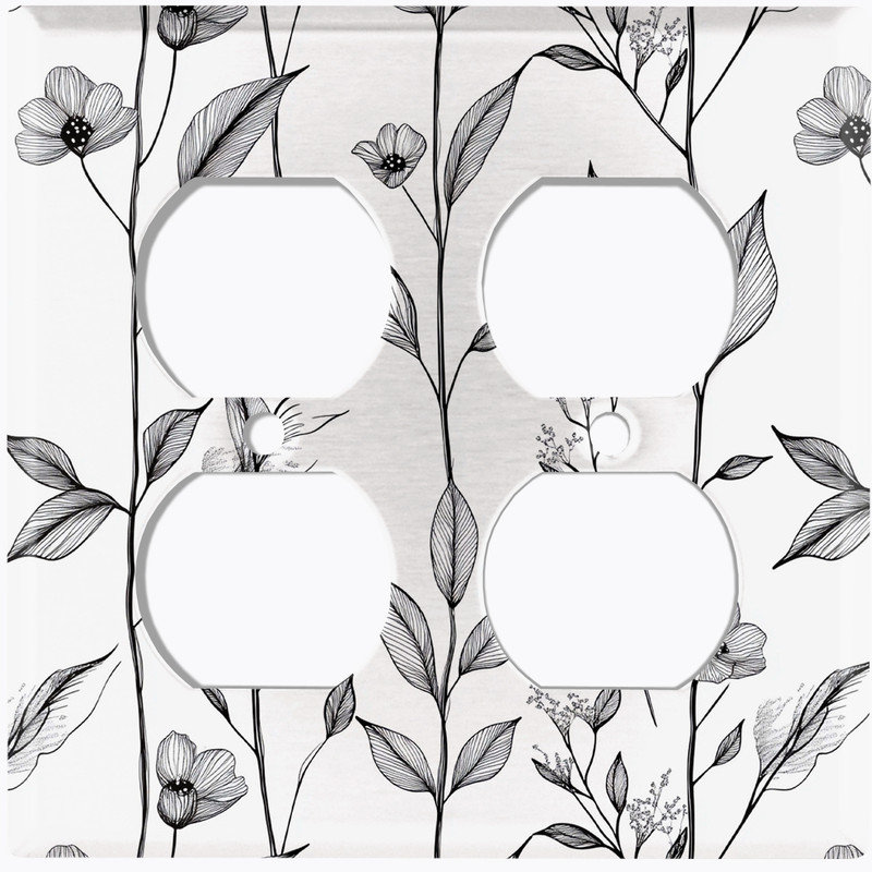 Couvercle de plaque d'interrupteur en métal; Rectangle 2 bandes US standard - Croquis floral élégant, #9 Double Duplex Outlet