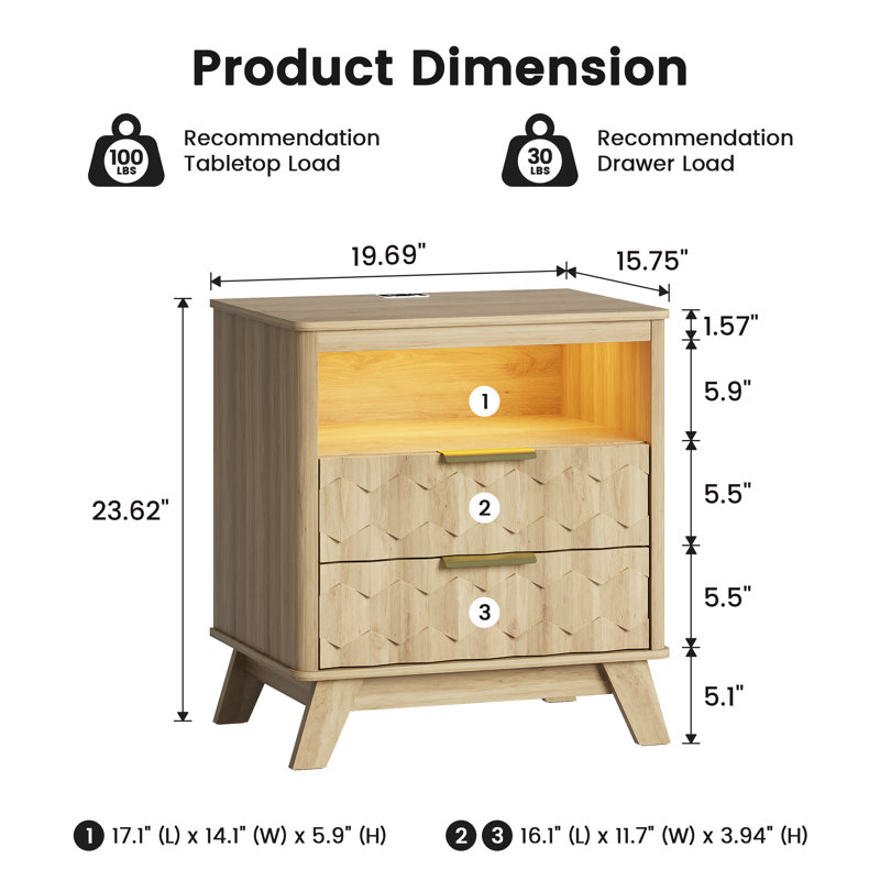 19.7'' W 2-Drawer Nightstand With Built-In Outlets And Human Sensor Light, Oak